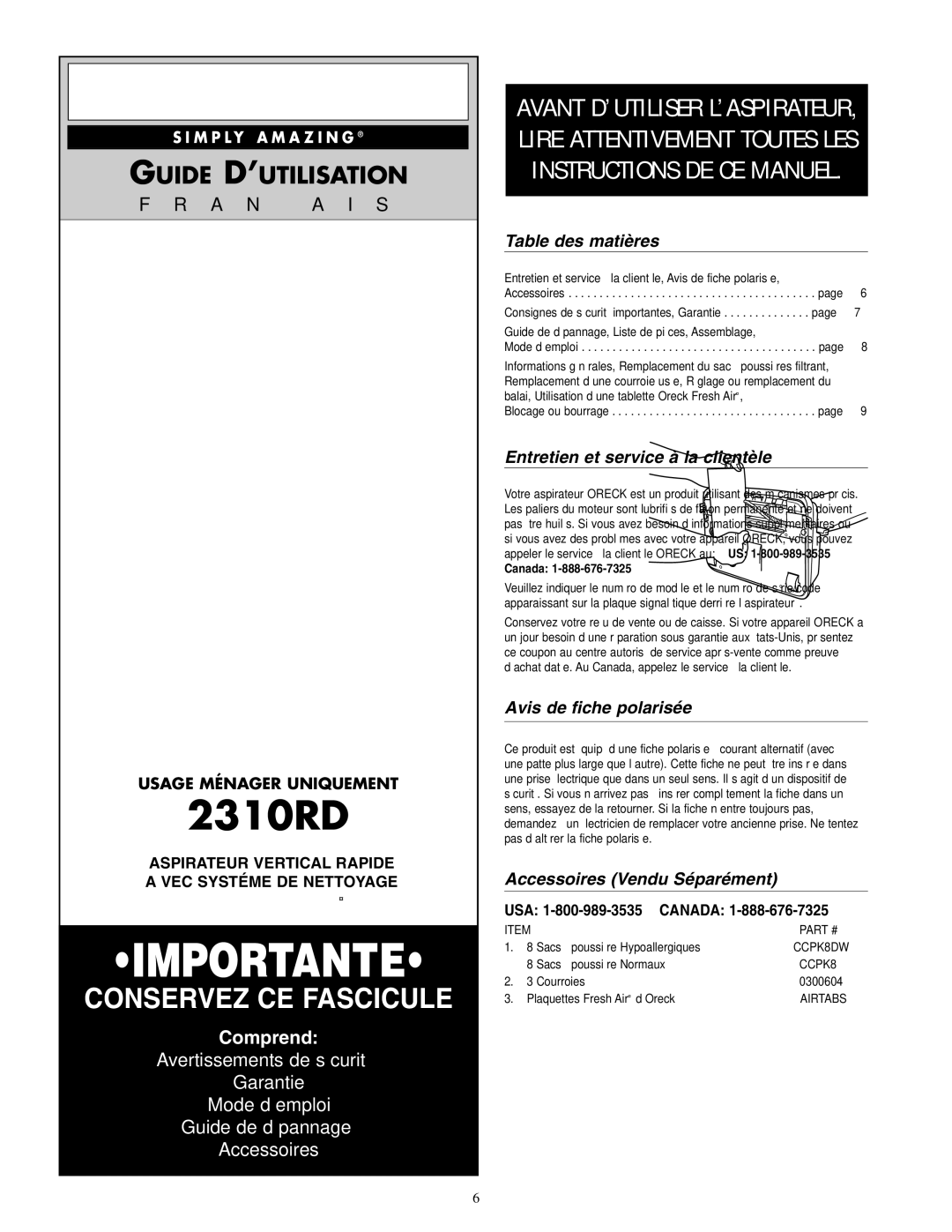 Oreck 2310RD warranty Table des matières, Entretien et service à la clientèle, Avis de fiche polarisée 