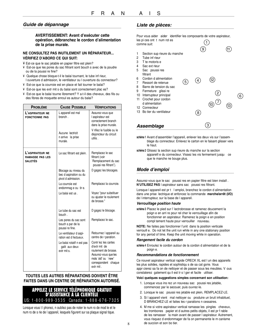 Oreck 2310RD warranty Guide de dépannage Liste de pièces, Assemblage3, Mode d’emploi 