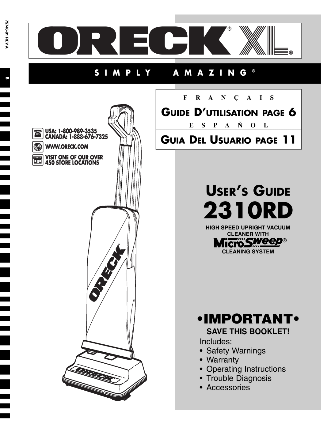 Oreck 2310RD warranty Guide D’Utilisation Page, Guia Del Usuario Page, F R A N Ç A I S, E S P A Ñ O L, User’S Guide 