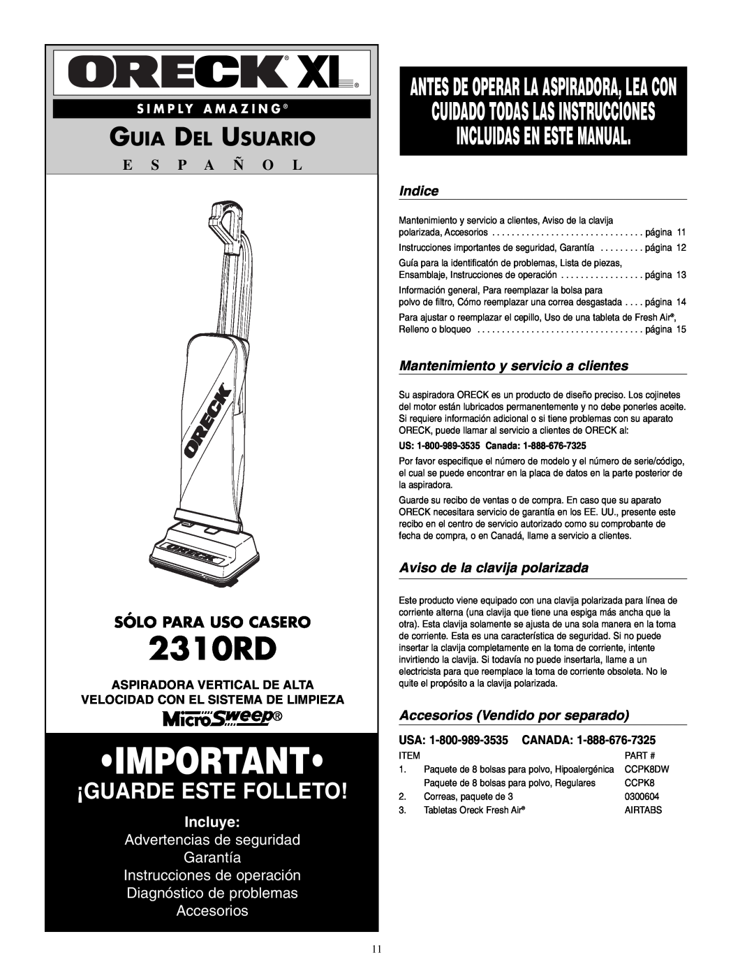 Oreck 2310RD Incluidas En Este Manual, Guia Del Usuario, Sólo Para Uso Casero, Incluye, Advertencias de seguridad Garantía 