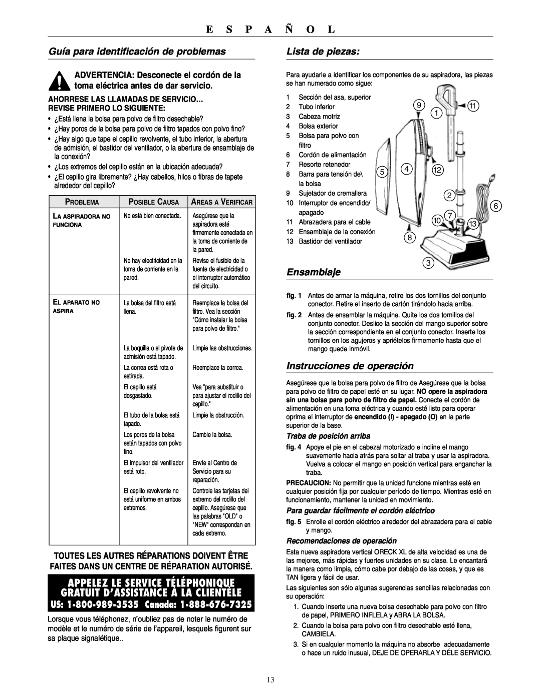 Oreck 2310RD Guía para identificación de problemas, Lista de piezas, Ensamblaje, Instrucciones de operación, E S P A Ñ O L 