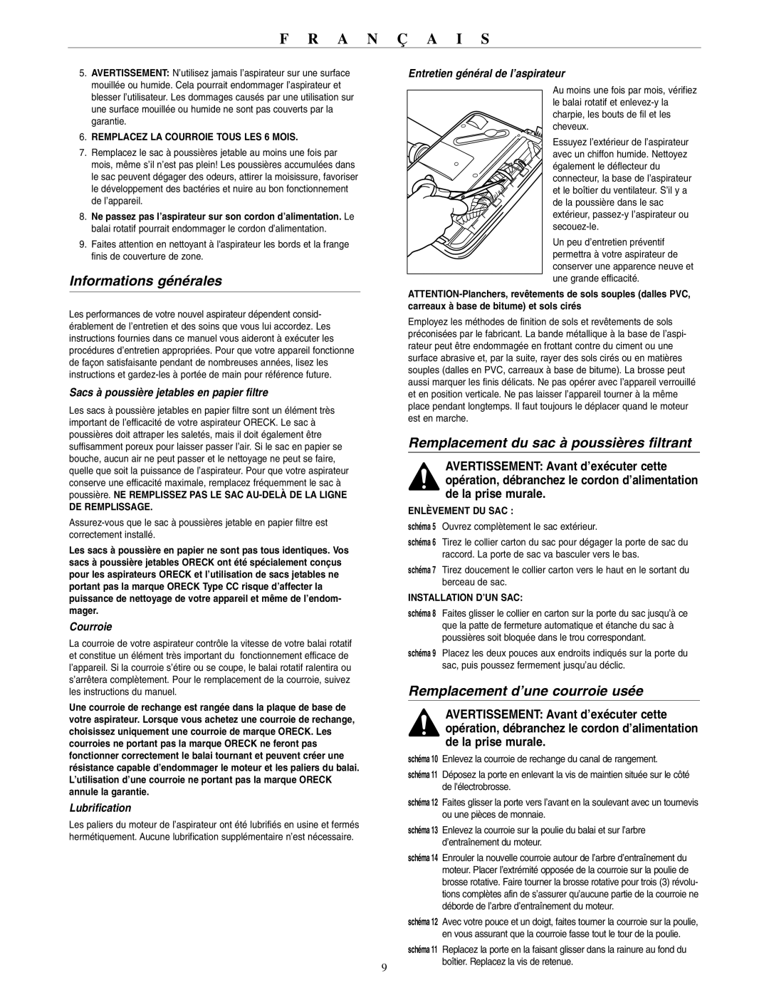 Oreck 2310RS warranty Informations générales, Remplacement du sac à poussières filtrant, Remplacement d’une courroie usée 