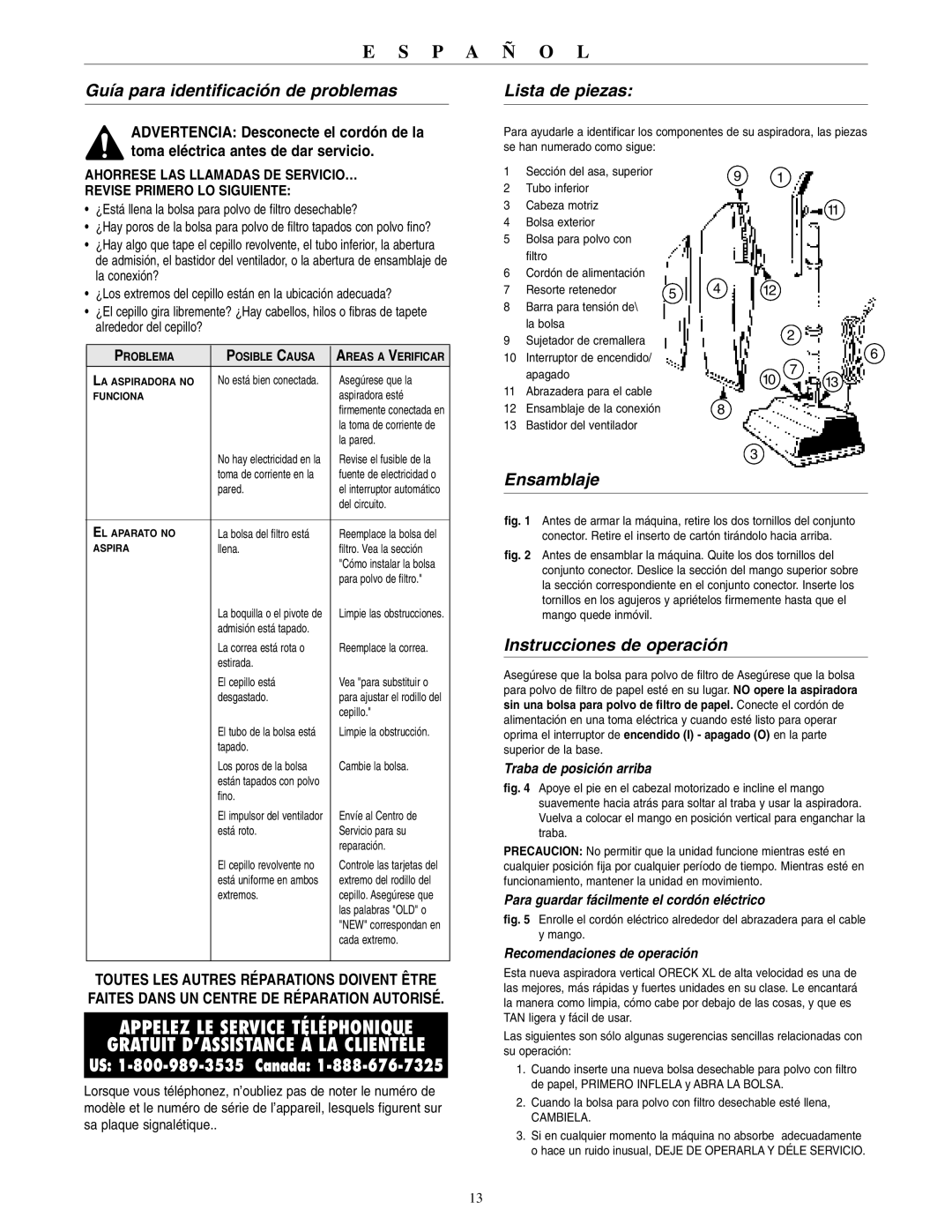 Oreck 2310RS warranty Guía para identificación de problemas, Lista de piezas, Ensamblaje, Instrucciones de operación 