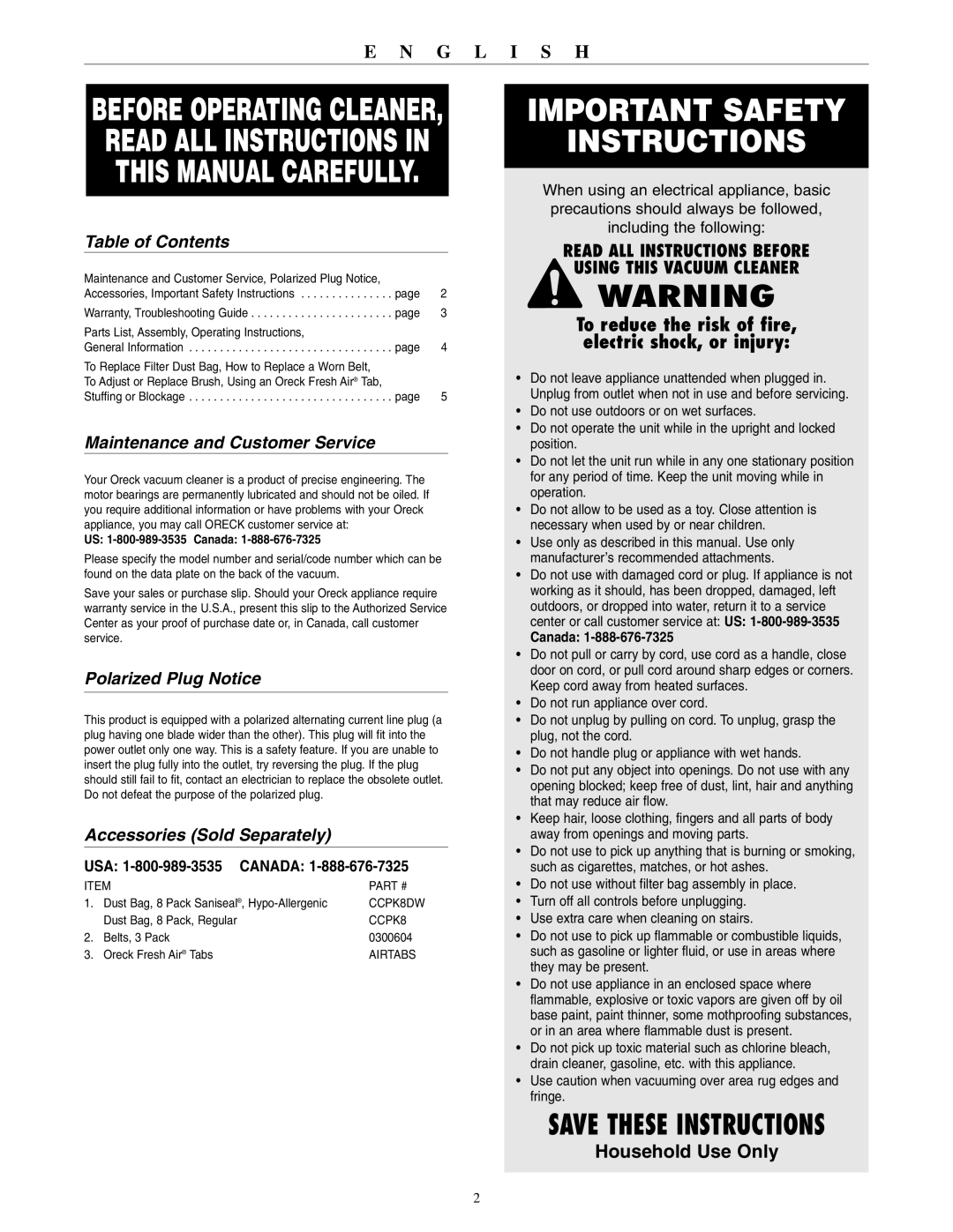 Oreck 2310RS Table of Contents, Maintenance and Customer Service, Polarized Plug Notice, Accessories Sold Separately 