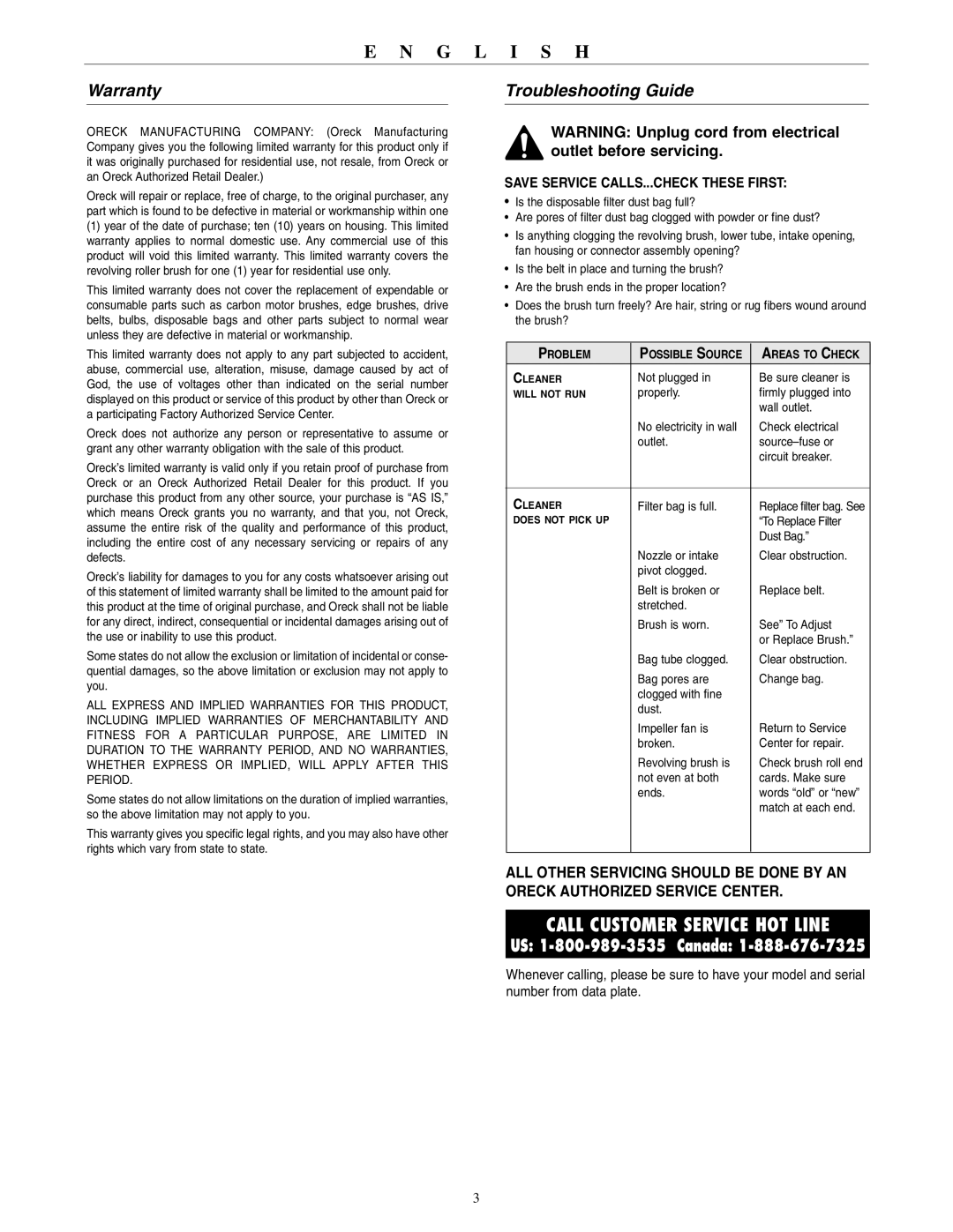 Oreck 2310RS warranty Warranty, Troubleshooting Guide 