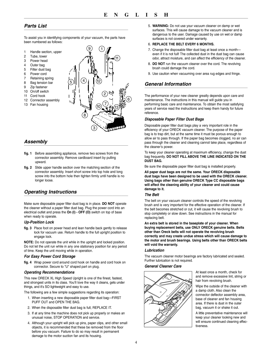 Oreck 2310RS warranty Parts List, Assembly, Operating Instructions, General Information 