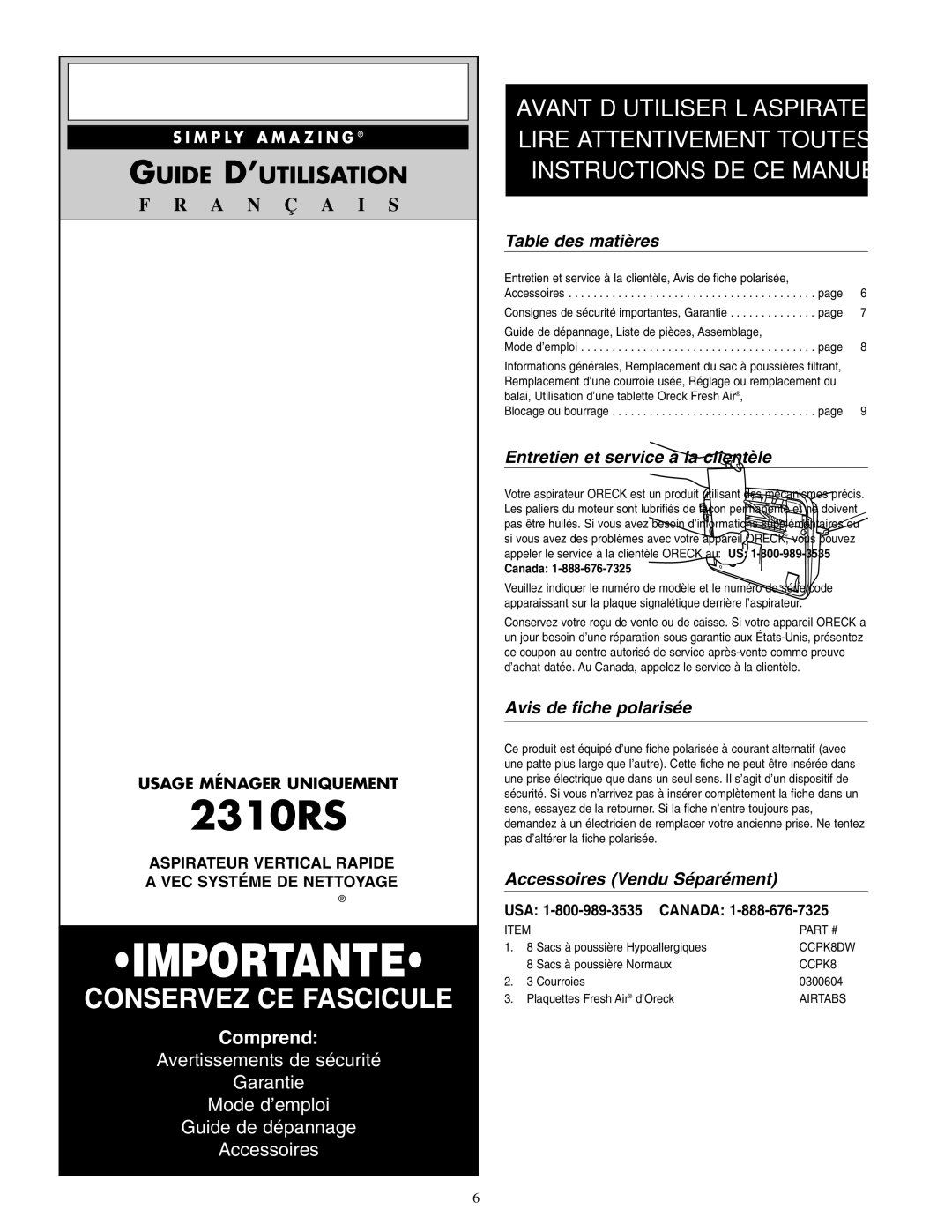 Oreck 2310RS warranty Table des matières, Entretien et service à la clientèle, Avis de fiche polarisée 