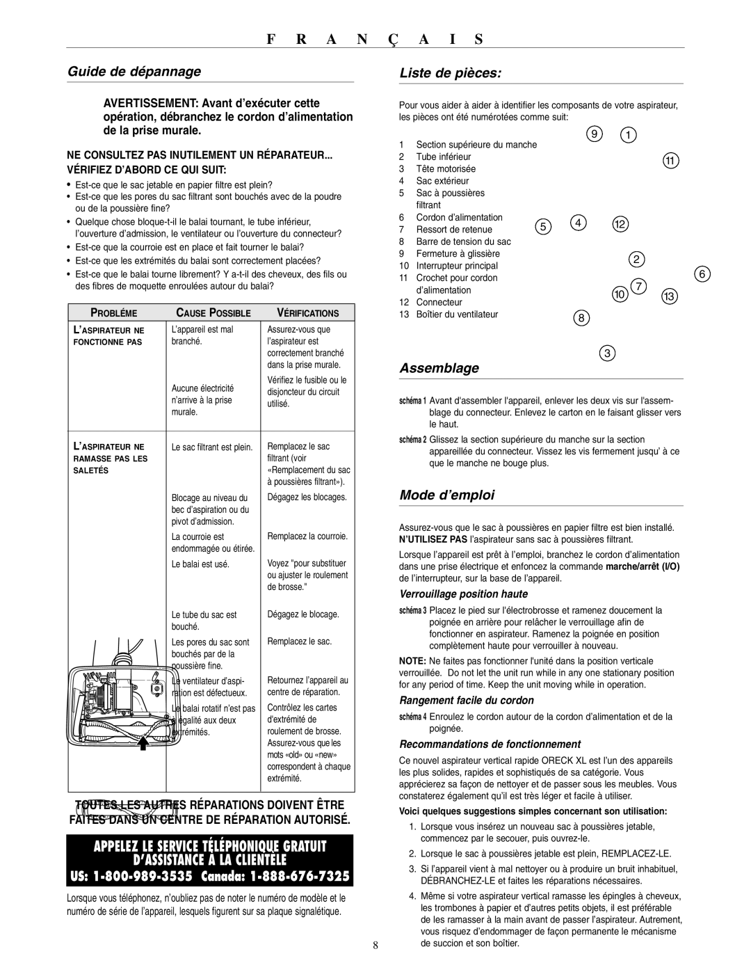 Oreck 2310RS warranty Guide de dépannage Liste de pièces, Assemblage, Mode d’emploi 