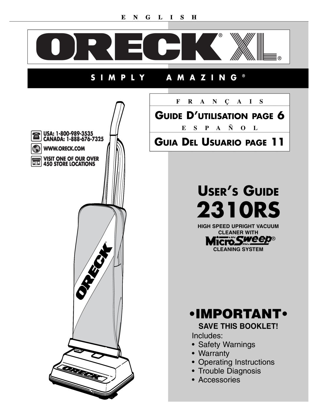 Oreck 2310RS warranty Guide D’Utilisation Page, Guia Del Usuario Page, E N G L I S H, F R A N Ç A I S, E S P A Ñ O L 