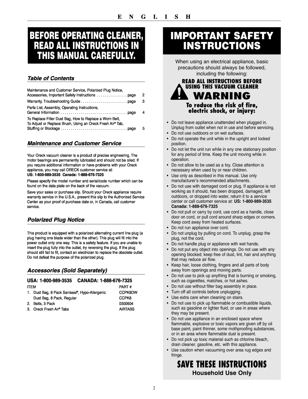 Oreck 2310RS Important Safety Instructions, Household Use Only, Table of Contents, Maintenance and Customer Service 