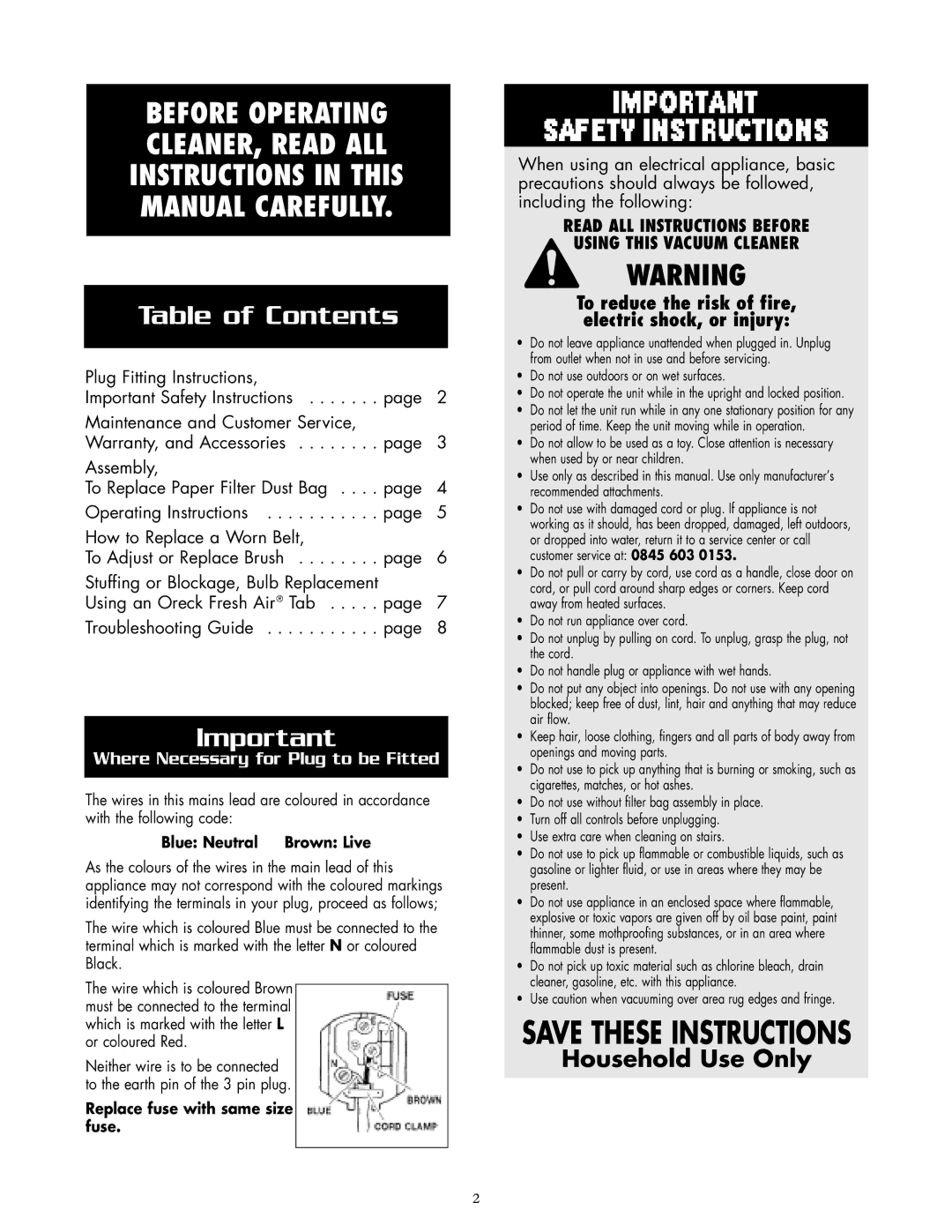 Oreck 2635RH warranty Table of Contents 