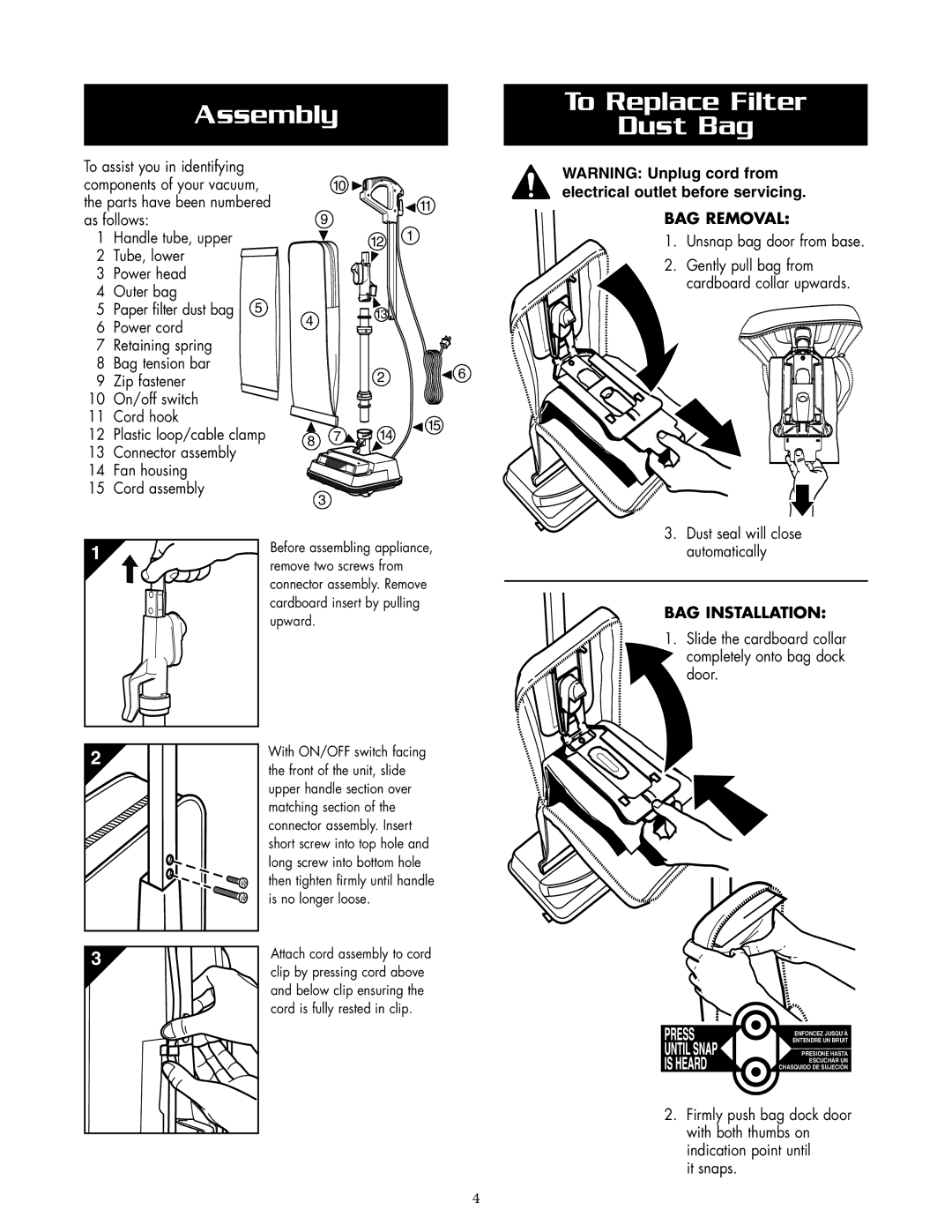 Oreck 2635RH warranty Assembly To Replace Filter Dust Bag, BAG Removal 