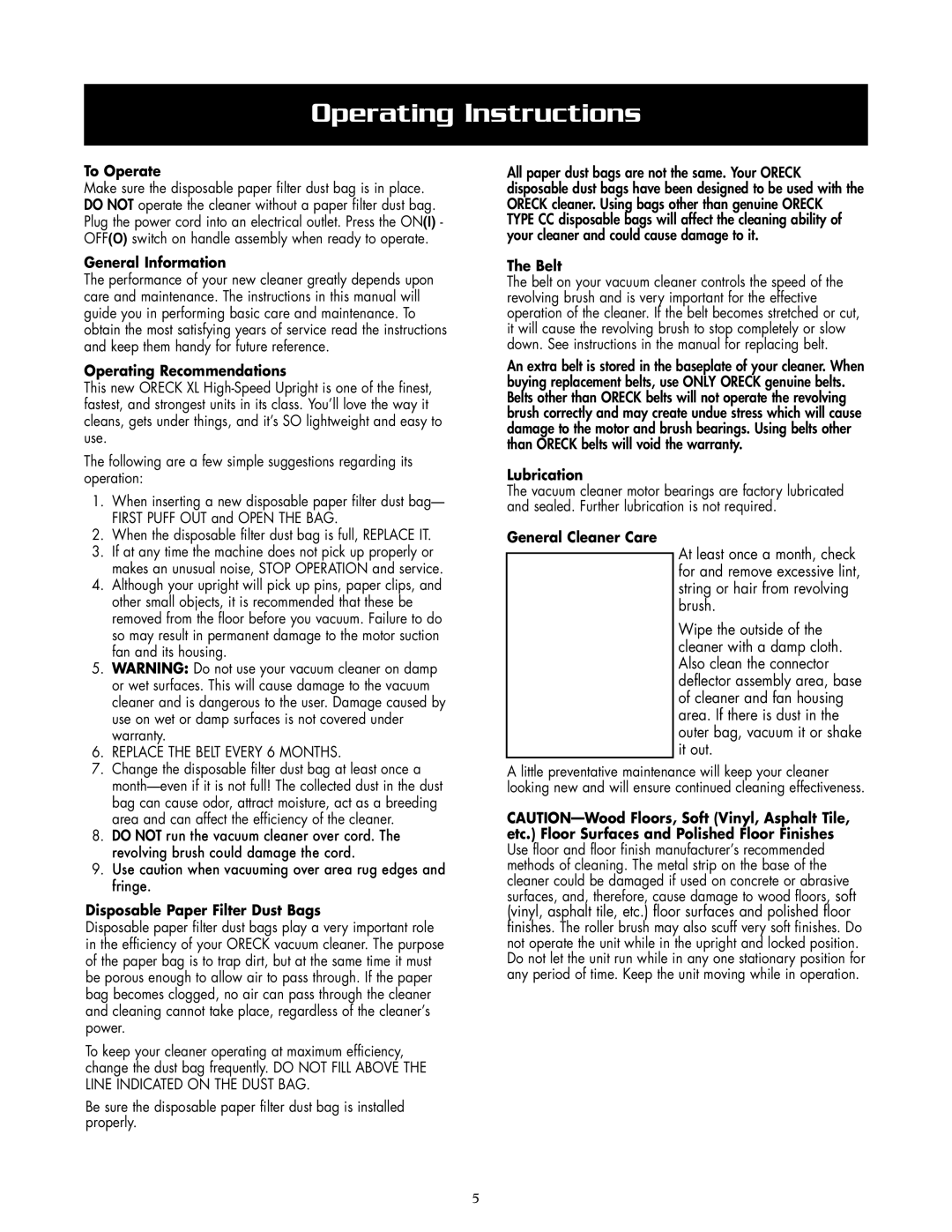 Oreck 2635RH warranty Operating Instructions 