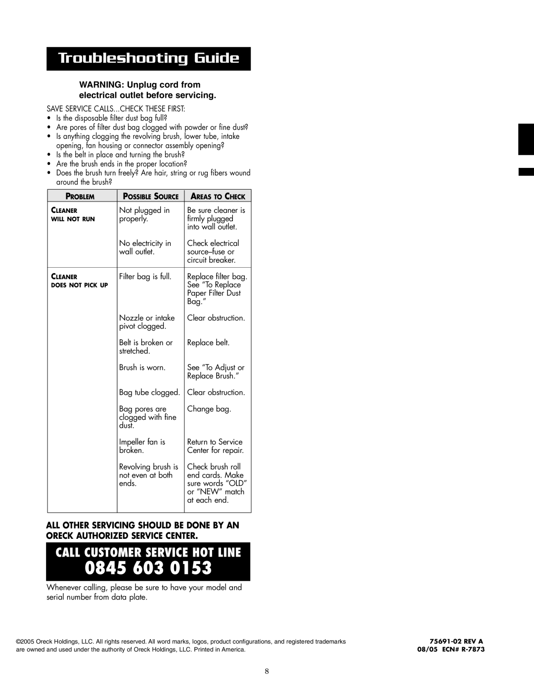 Oreck 2635RH warranty Troubleshooting Guide, Save Service CALLS...CHECK These First 