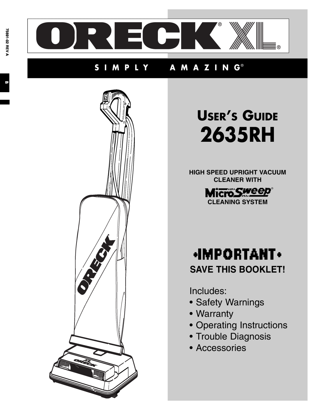 Oreck 2635RH warranty User’S Guide, High Speed Upright Vacuum Cleaner With, Cleaning System, Save This Booklet 