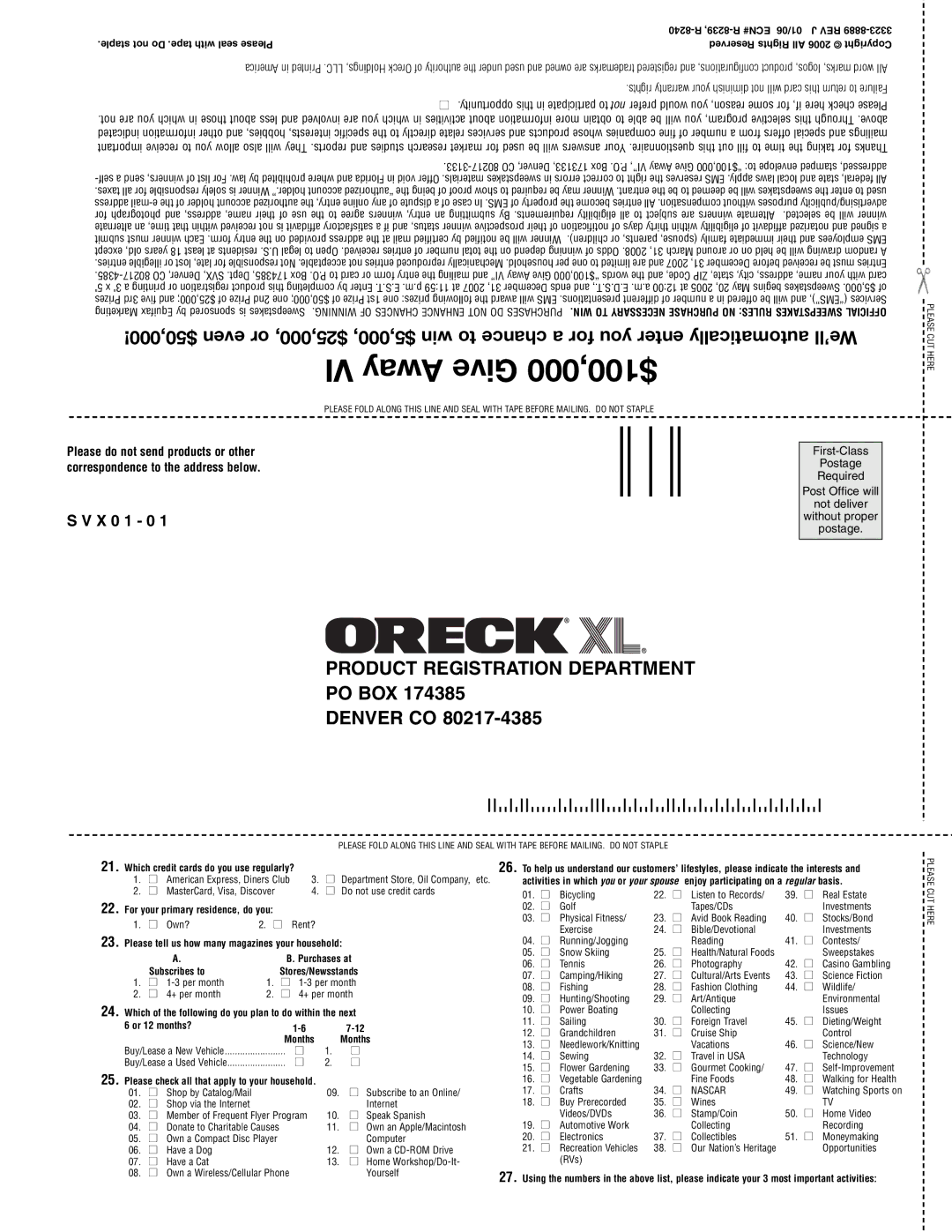 Oreck 3323-8889REVK manual Product Registration Department 