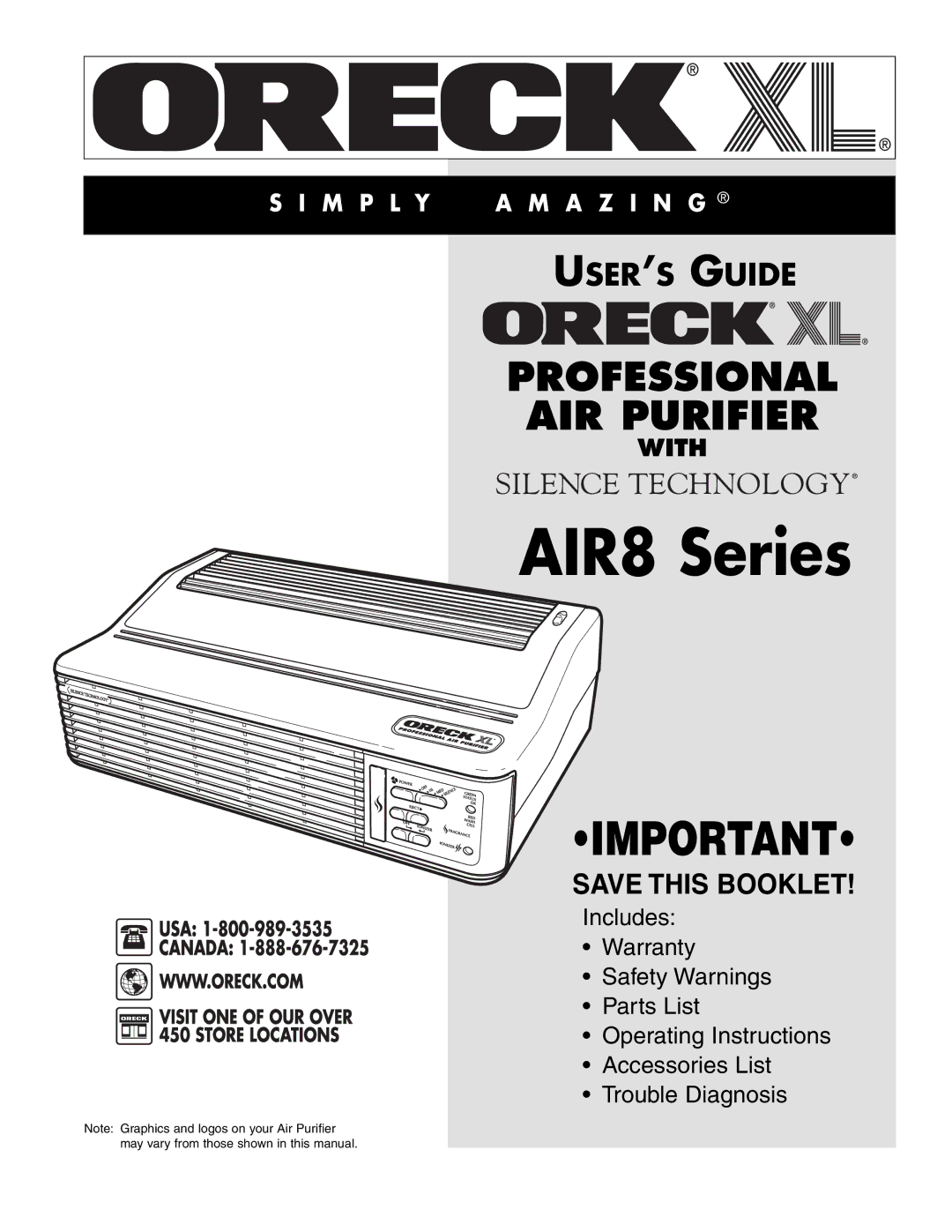 Oreck 3323-8889REVK manual AIR8 Series 