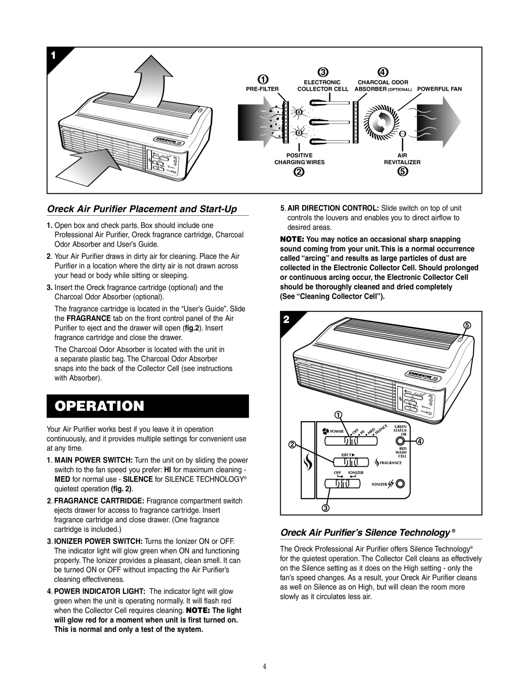 Oreck 3323-8889REVK manual Operation, Oreck Air Purifier Placement and Start-Up, Oreck Air Purifier’s Silence Technology 