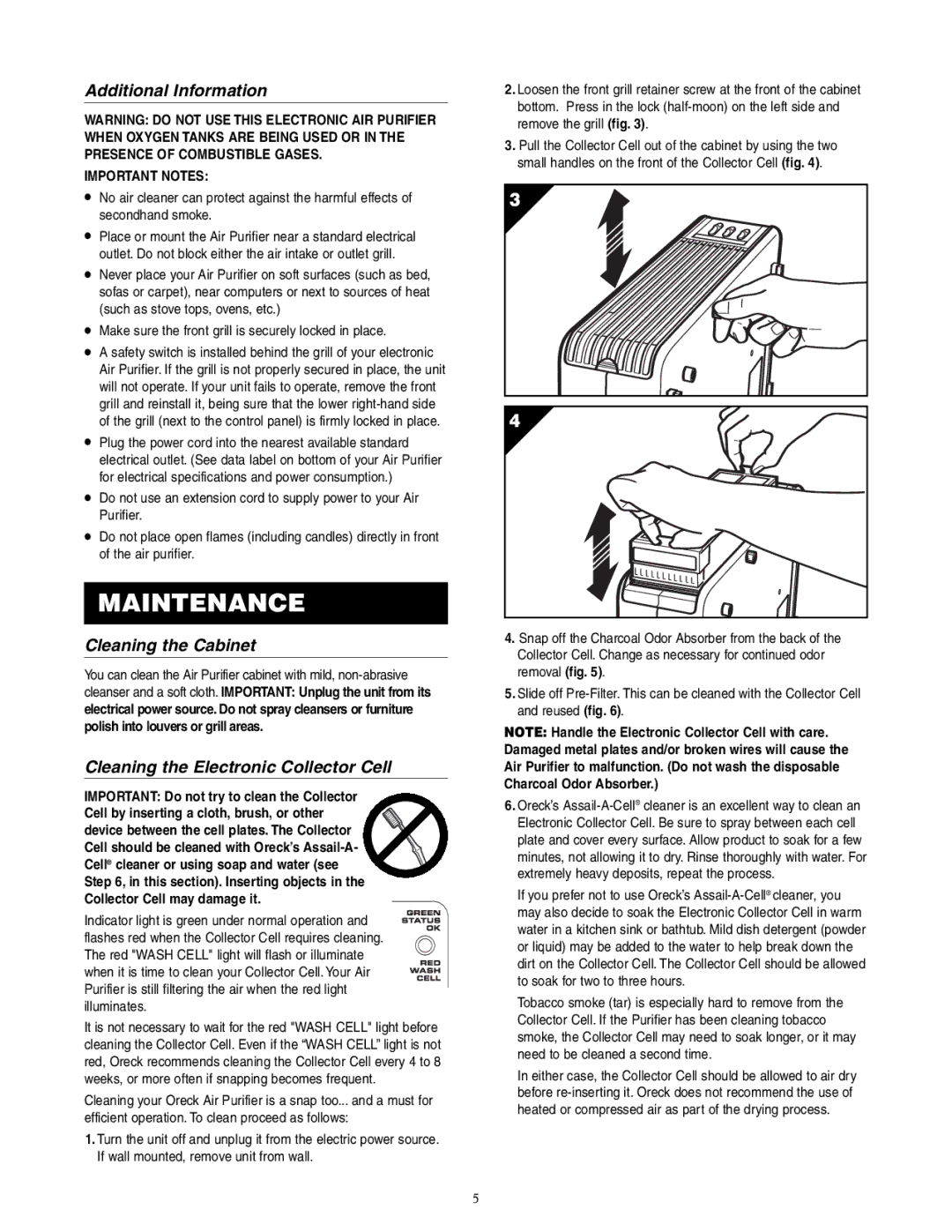 Oreck 3323-8889REVK Maintenance, Additional Information, Cleaning the Cabinet, Cleaning the Electronic Collector Cell 