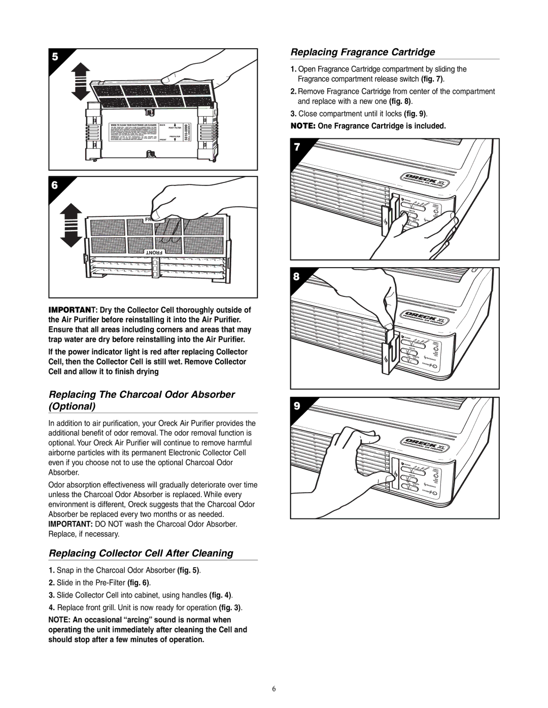 Oreck 3323-8889REVK manual Replacing The Charcoal Odor Absorber Optional, Replacing Collector Cell After Cleaning 