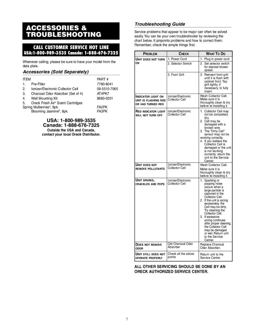 Oreck 3323-8889REVK manual Accessories & Troubleshooting, Accessories Sold Separately, Troubleshooting Guide 