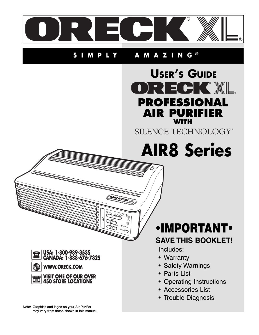 Oreck 3323-8889REVK AIR8 Series, Professional Air Purifier, User’S Guide, Save This Booklet, S I M P L Y A M A Z I N G 