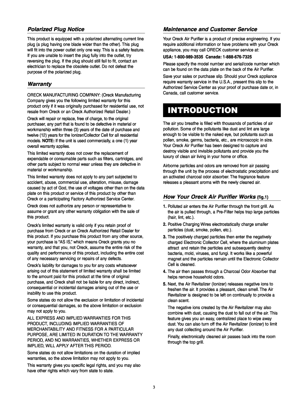 Oreck 3323-8889REVK manual Introduction, Polarized Plug Notice, Warranty, Maintenance and Customer Service 
