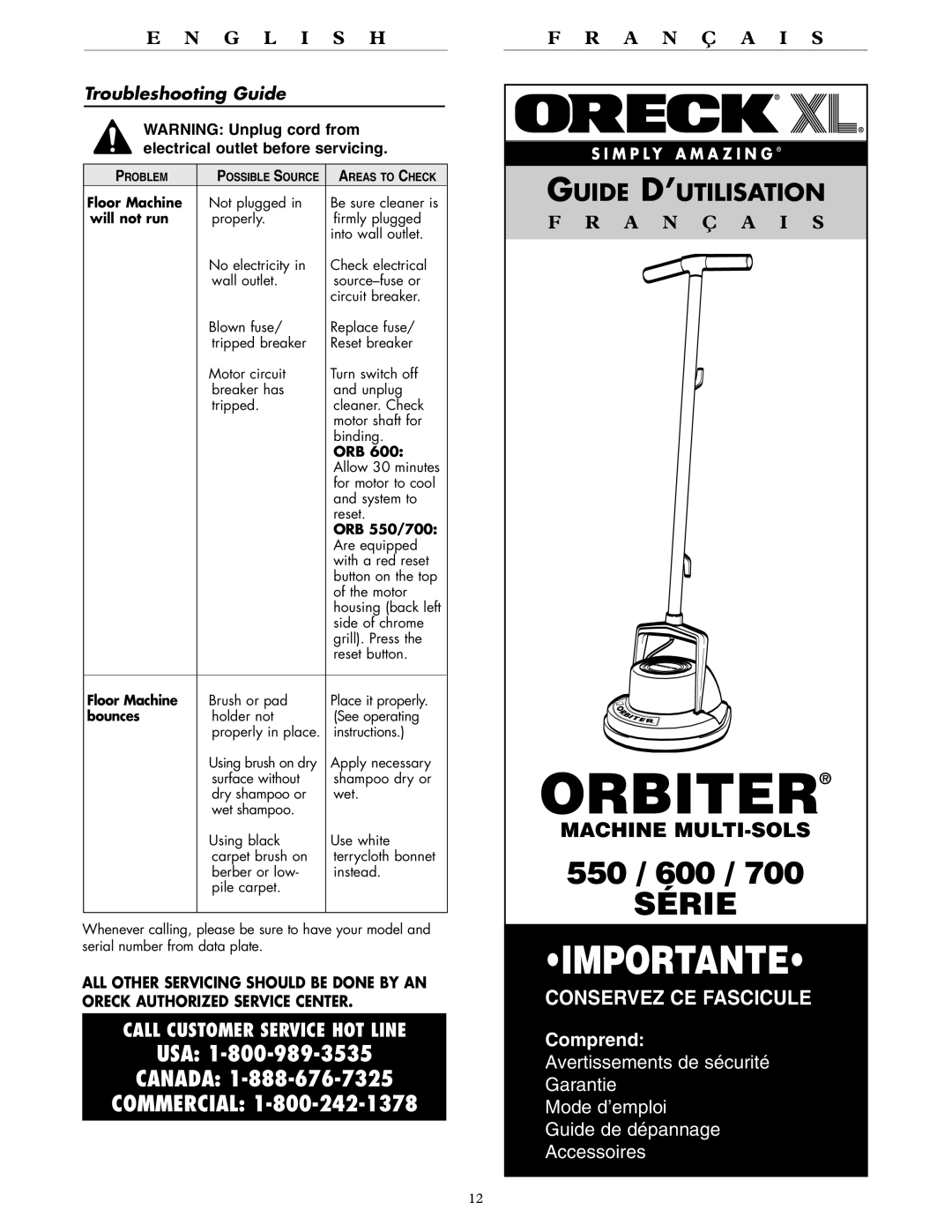 Oreck 700, 550, 600 warranty Troubleshooting Guide 