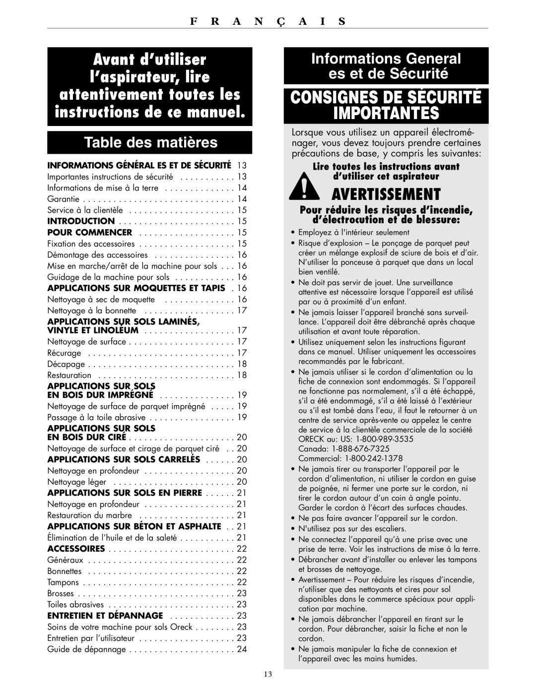 Oreck 550, 700, 600 warranty Table des matières, Informations Général ES ET DE Sécurité 