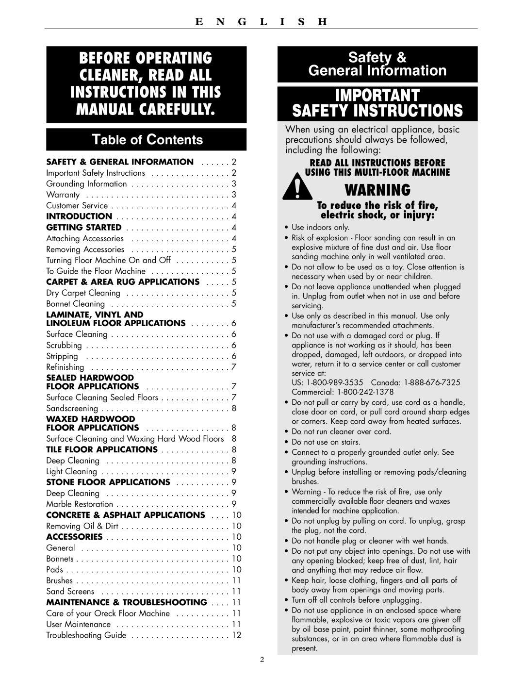 Oreck 600, 700, 550 warranty Safety General Information, Table of Contents 