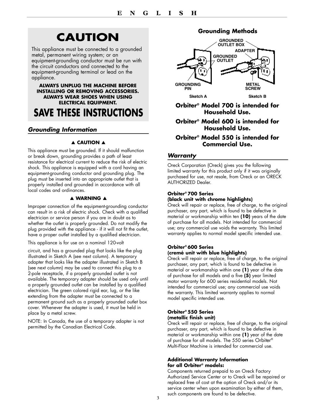 Oreck 700, 550, 600 warranty Grounding Information, Warranty 