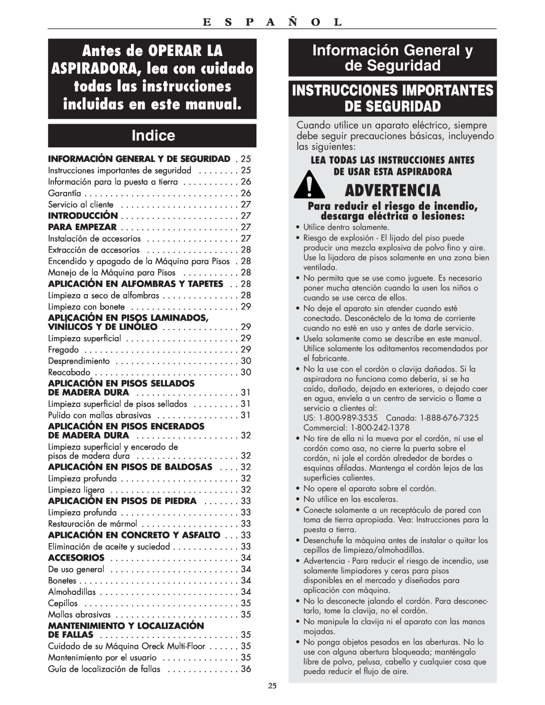 Oreck 550 Advertencia, Indice, Información General y de Seguridad, Instrucciones Importantes De Seguridad, E S P A Ñ O L 