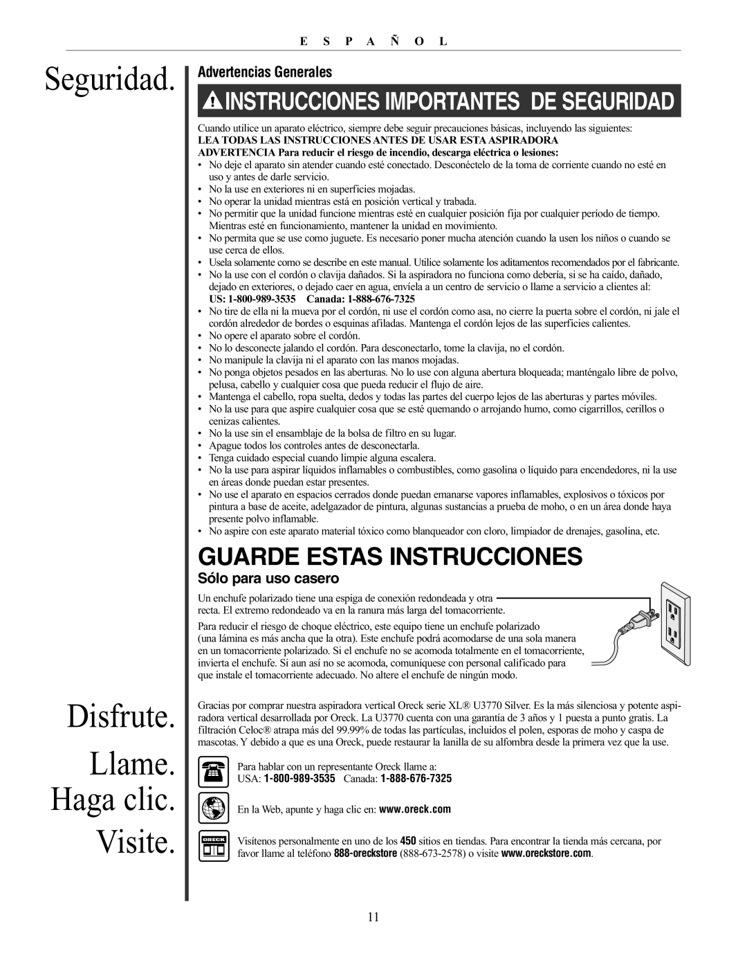 Oreck 76011-01REVC manual Seguridad Disfrute, Visite, Advertencias Generales, Sólo para uso casero 