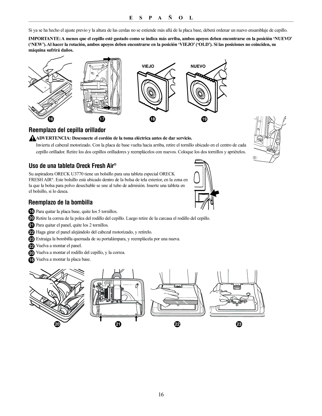 Oreck 76011-01REVC manual Reemplazo del cepilla orillador, Uso de una tableta Oreck Fresh Air, Reemplazo de la bombilla 