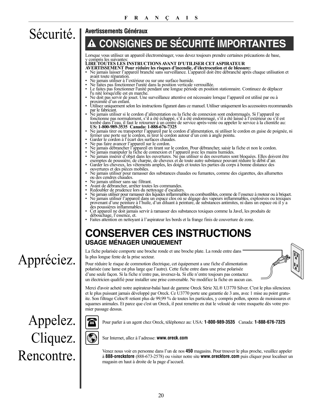 Oreck 76011-01REVC manual Sécurité Appréciez Appelez Cliquez Rencontre, Avertissements Généraux 