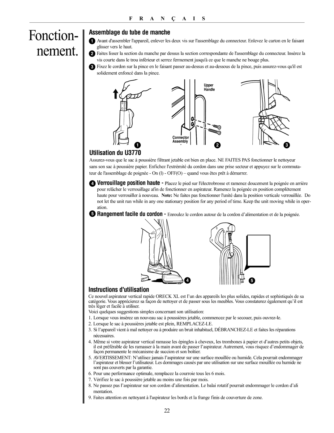 Oreck 76011-01REVC manual Assemblage du tube de manche, Utilisation du U3770, Instructions dutilisation 