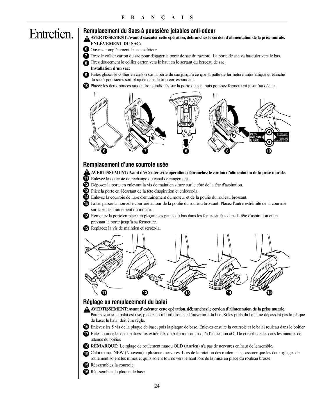 Oreck 76011-01REVC manual Remplacement du Sacs à poussière jetables anti-odeur, Remplacement d’une courroie usée 