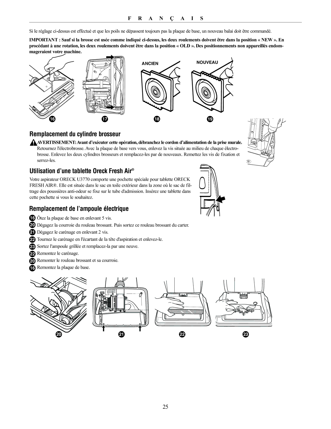 Oreck 76011-01REVC manual Remplacement du cylindre brosseur, Utilisation d’une tablette Oreck Fresh Air 