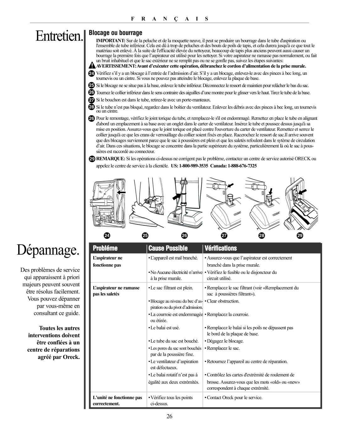 Oreck 76011-01REVC manual Dépannage, Blocage ou bourrage, Probléme Cause Possible Vérifications 