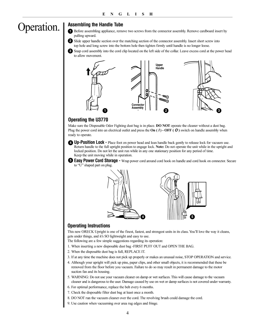 Oreck 76011-01REVC manual Assembling the Handle Tube, Operating the U3770, Operating Instructions 