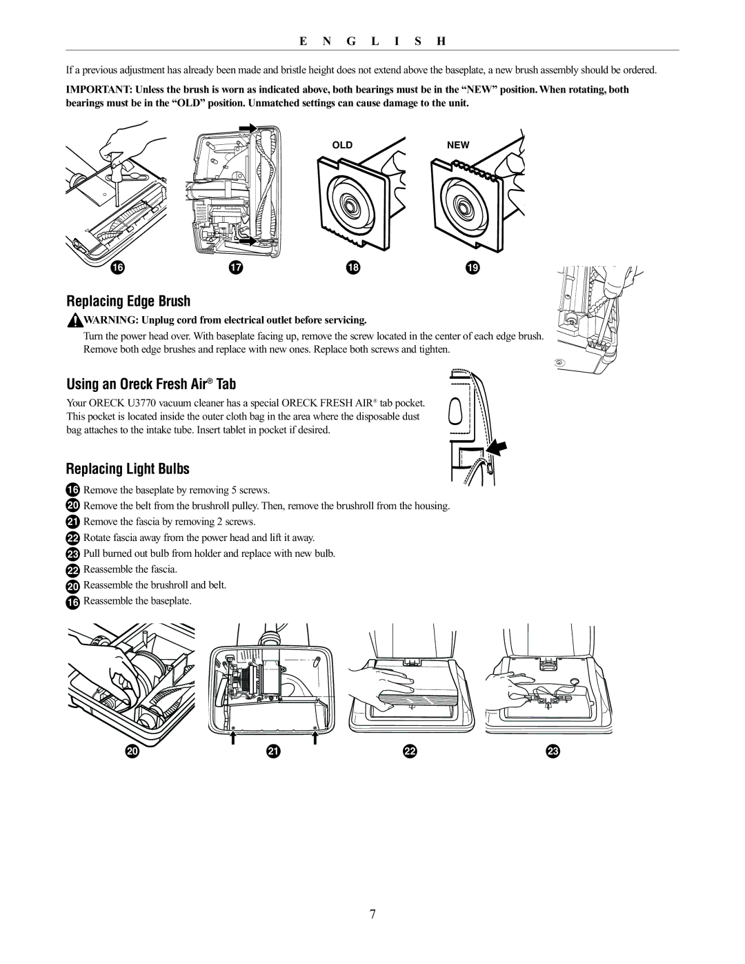 Oreck 76011-01REVC manual Replacing Edge Brush, Using an Oreck Fresh Air Tab, Replacing Light Bulbs 