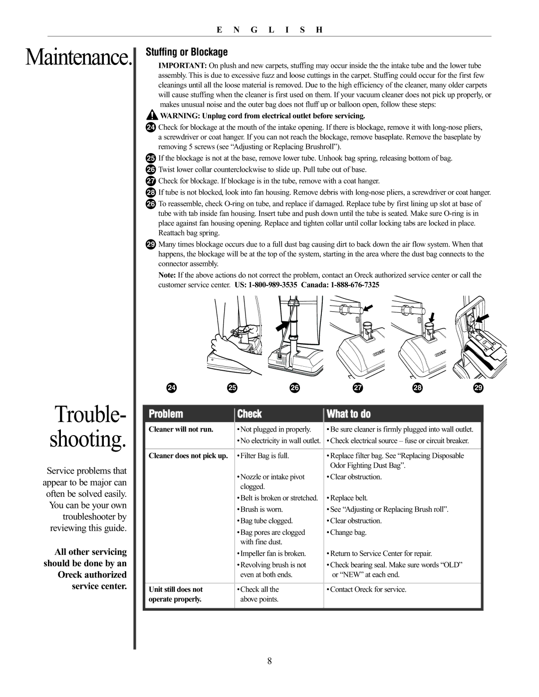 Oreck 76011-01REVC manual Stuffing or Blockage, Problem Check What to do 