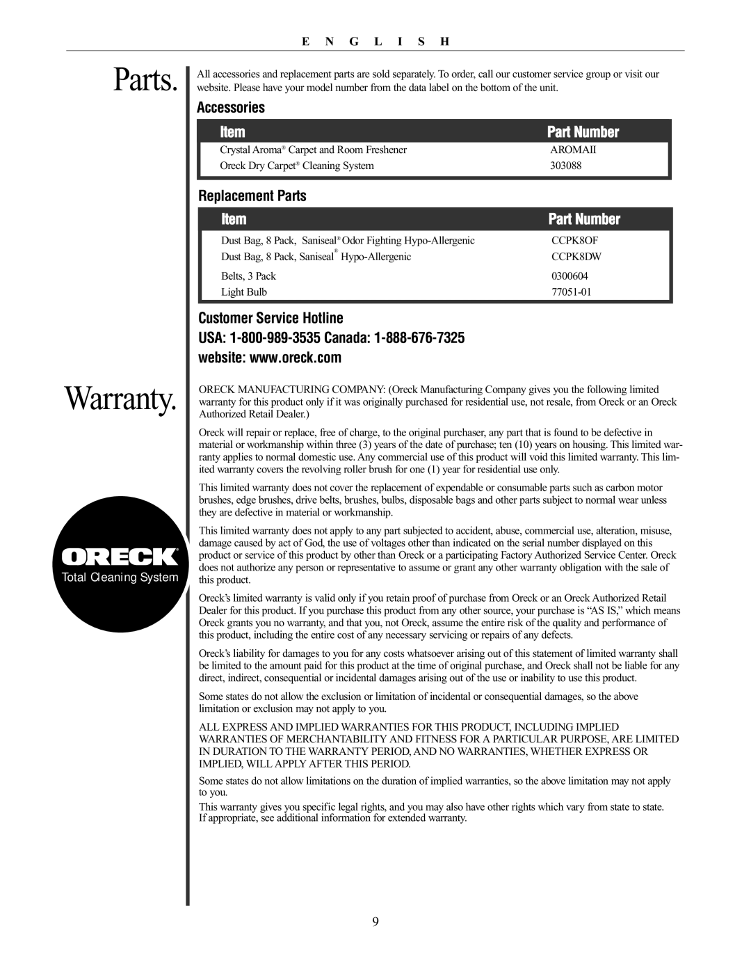 Oreck 76011-01REVC manual Parts Warranty, Accessories, Part Number, Replacement Parts, Customer Service Hotline 