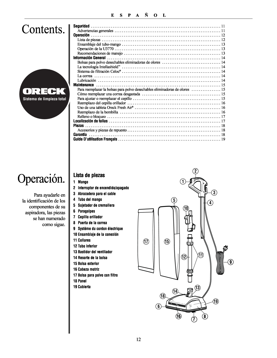 Oreck 76011-01REVC manual Operación, Lista de piezas, Contents, E S P A Ñ O L 