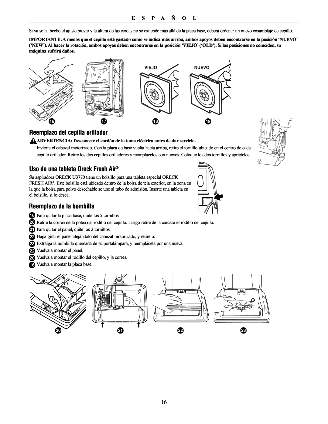 Oreck 76011-01REVC manual Reemplazo del cepilla orillador, Uso de una tableta Oreck Fresh Air, Reemplazo de la bombilla 