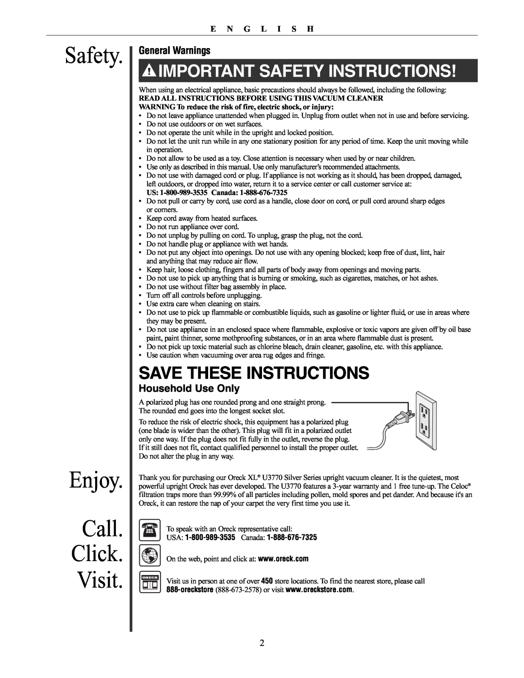 Oreck 76011-01REVC manual Safety Enjoy Call Click Visit, Save These Instructions, General Warnings, Household Use Only 