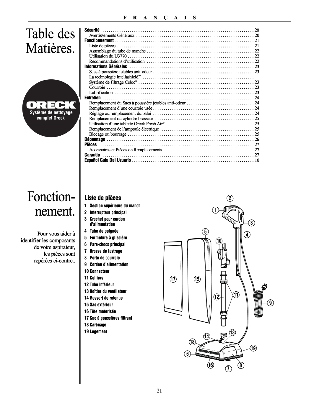 Oreck 76011-01REVC manual Table des Matières, Fonction- nement, Liste de pièces, F R A N Ç A I S 