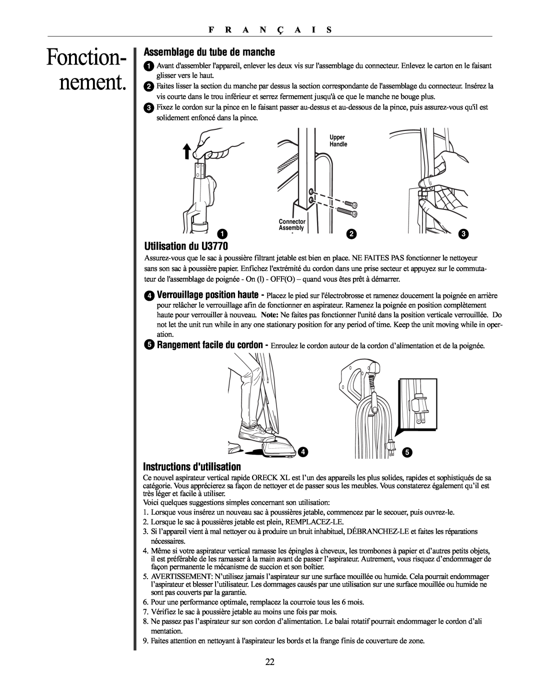 Oreck 76011-01REVC manual Assemblage du tube de manche, Utilisation du U3770, Instructions dutilisation, Fonction- nement 