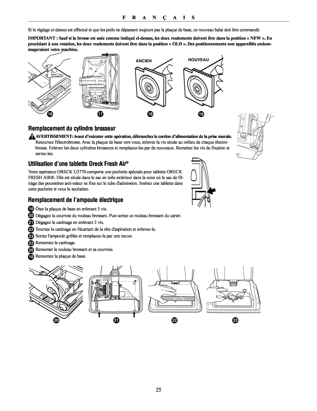 Oreck 76011-01REVC manual Remplacement du cylindre brosseur, Utilisation d’une tablette Oreck Fresh Air, F R A N Ç A I S 