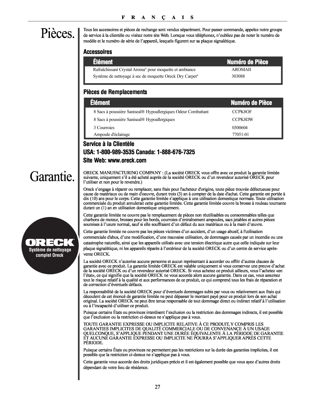 Oreck 76011-01REVC Pièces Garantie, Accessoires, Élément, Numéro de Pièce, Pièces de Remplacements, Service à la Clientèle 
